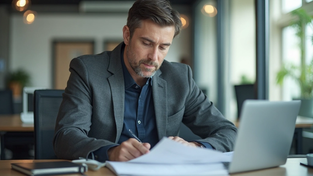 Бизнесмен анализирует рыночные данные и конкурентов на ноутбуке