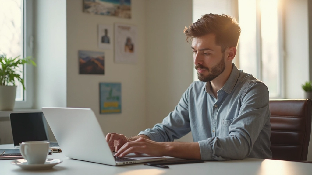 Фрилансер работает над проектом в домашнем офисе с кофе