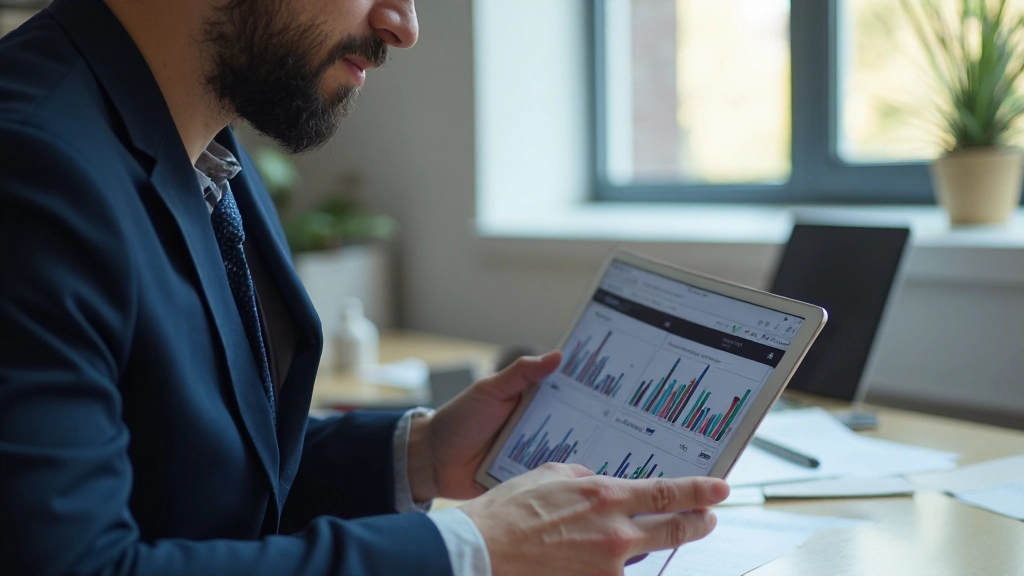 Молодой предприниматель анализирует данные продаж на планшете