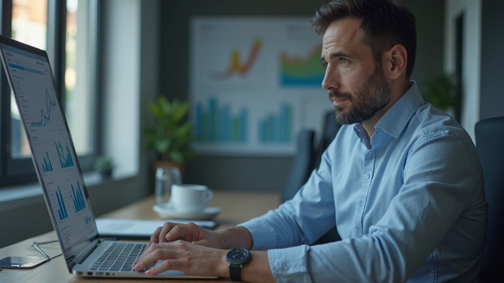 Аналитик работает за столом с графиками и документами на экране